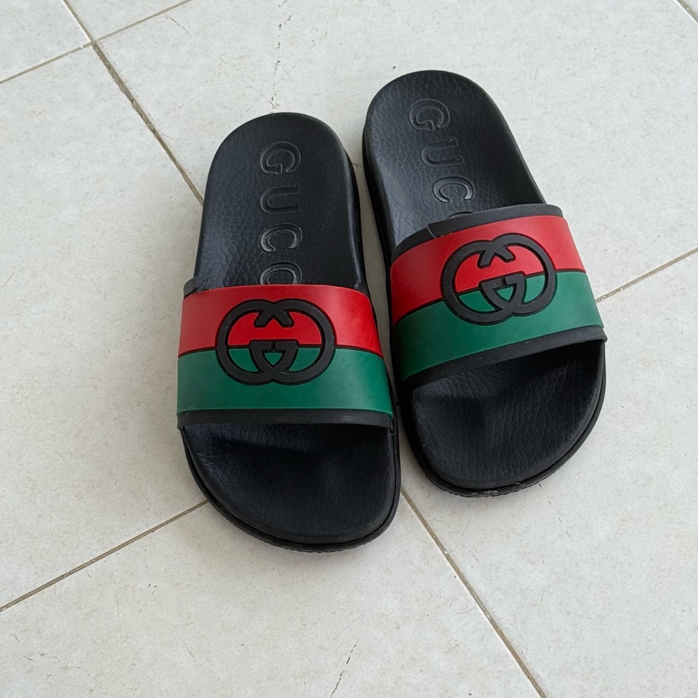 Gucci Black Slides with Red and Green Stripes